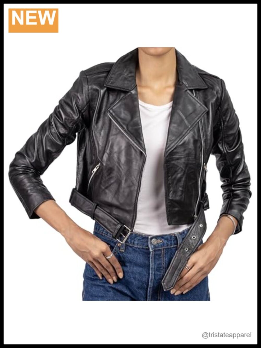 Cropped Leather Moto Biker Jacket with Asymmetric Zip and Belt